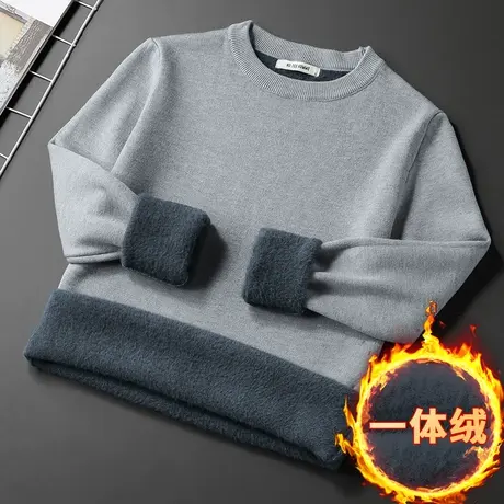 圆领毛衣男纯色秋冬保暖一体绒打底衫内搭毛线衣加绒加厚针织毛衫商品大图