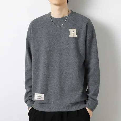 华夫格卫衣男潮牌2024新款宽松潮流百搭圆领长袖t恤秋冬无帽上衣商品大图