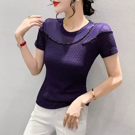 时尚钉珠T恤女短袖2023夏装新款网纱拼接洋气小衫性感镂空上衣潮商品大图