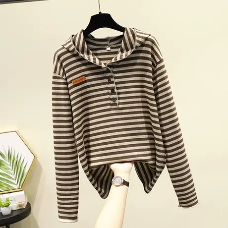 春秋季新款宽松百搭个性条纹立领长袖T恤女韩版时尚洋气拉链小衫商品大图