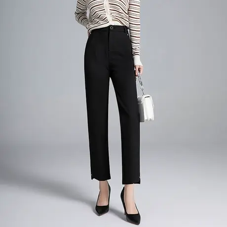 丽洁黑色裤子女秋季高级感垂感西装裤2023新款直筒裤长裤高腰西裤商品大图