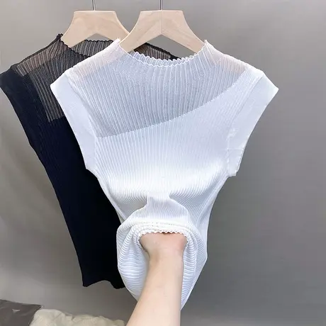 蕾丝半高领冰丝针织衫女2023春夏秋新款内搭打底衫薄无袖T恤衫潮商品大图