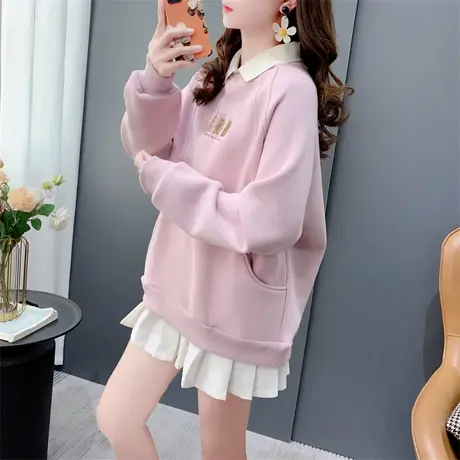 韩版Polo领刺绣加绒套头卫衣女冬季2023秋冬新款洋气减龄百搭上衣图片