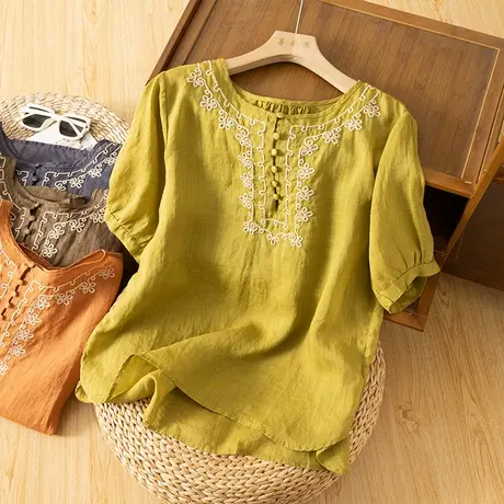 享永子短袖苎麻衬衫女刺绣国风文艺复古棉麻上衣气质2024夏季新款图片