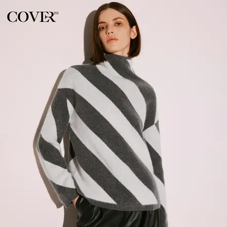 COVER冬季斜条纹马海毛高领毛针织衫商品大图