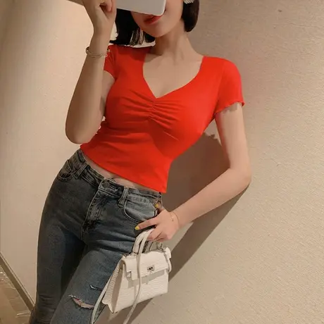 夏装露肩锁骨短袖上衣女修身V领洋气显瘦chic超火网红T恤女百搭潮商品大图