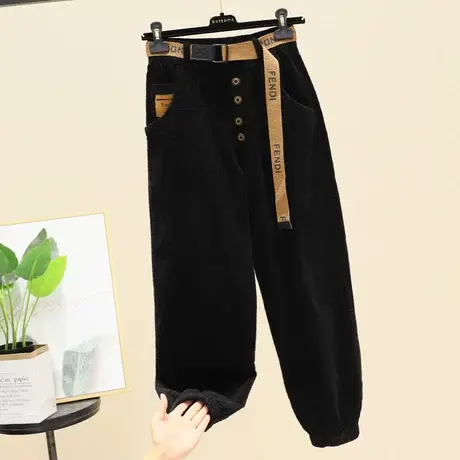 休闲运动裤女宽松灯芯绒裤子女秋冬束脚工装裤显瘦高腰条绒哈伦裤商品大图