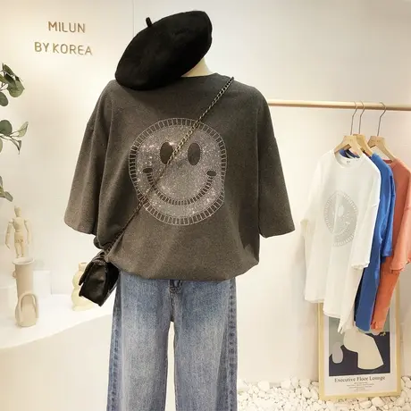 ins潮笑脸T恤秋冬款韩国东大门水钻磨毛绒加厚短袖欧货打底衫大码图片