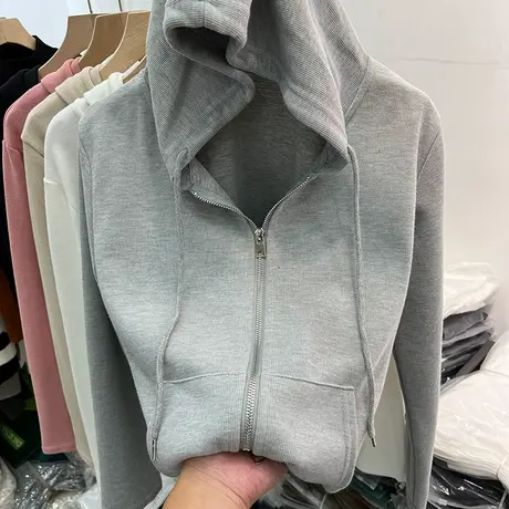 欧货双拉链长袖T恤开衫连帽衫女卫衣2023秋装新款休闲外套上衣潮图片