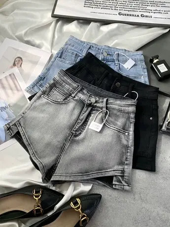 韩国灰色牛仔高腰短裤2023春夏新款显瘦百搭弹力包臀A字开叉短裤商品大图