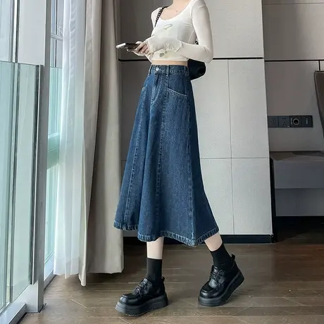 复古牛仔半身裙女2023年新款秋季高腰显瘦遮胯拼接小个子a字伞裙图片