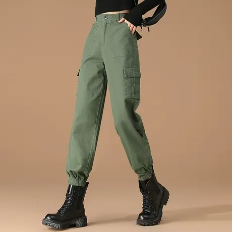 军绿色高腰工装裤女小个子束脚裤子九分运动裤春秋女裤休闲哈伦裤商品大图