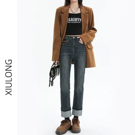 复古美式高腰直筒牛仔裤女春秋季2023年新款显瘦小个子九分烟管裤图片