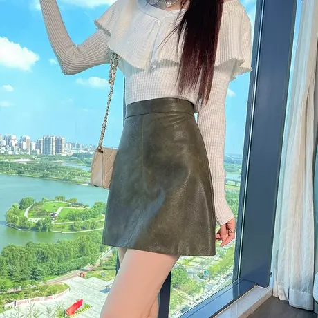 绿色PU皮半身裙女2024春秋新款高腰显瘦百搭包臀小个子a字皮短裙图片