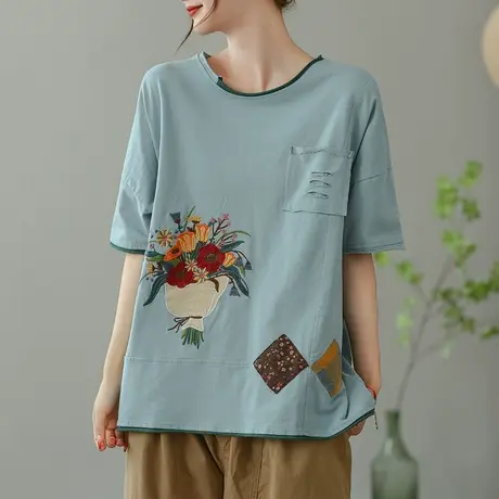 dza复古贴布刺绣纯棉T恤女2023夏薄短袖打底体恤休闲宽松套头上衣商品大图