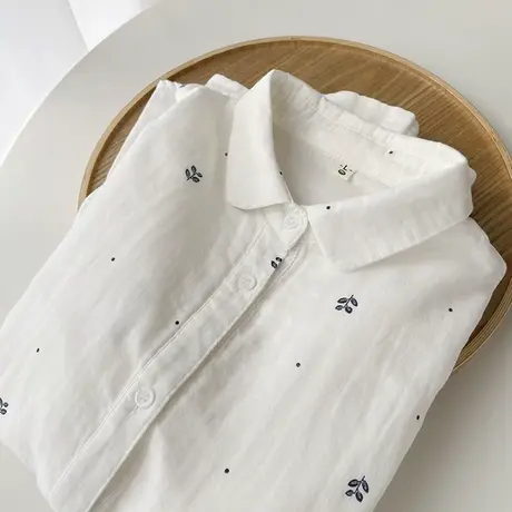 日系文艺小清新双层棉纱印花长袖白衬衫女学生春秋装宽松打底衬衣图片