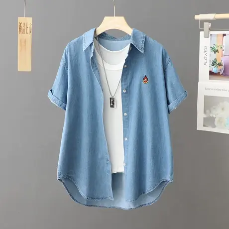 2024夏季新款蓝色牛仔衬衫女短袖韩版宽松设计感小众衬衣休闲上衣图片