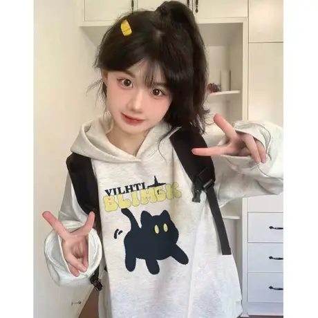 美式复古oversize潮牌卫衣女2023春秋薄款宽松慵懒风上衣连帽外套商品大图