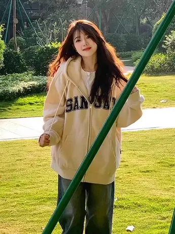 oversize卫衣女2024新款春秋季宽松小个子慵懒风连帽薄款开衫外套商品大图