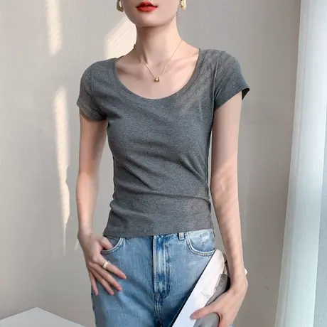 大领口T恤女紧身短袖夏季新款韩版圆领正肩修身显瘦u领棉体恤上衣图片