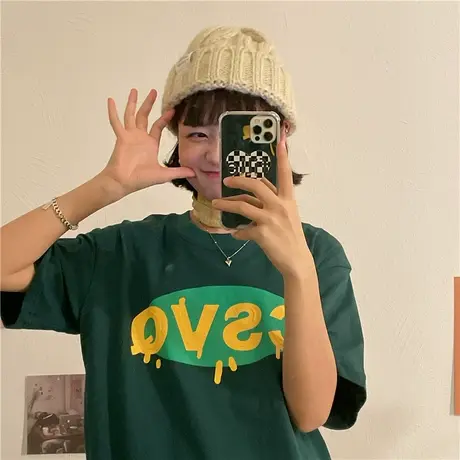 红续设计感小众裂纹字母绿色短袖女小个子夏季纯棉宽松INS半袖T恤图片