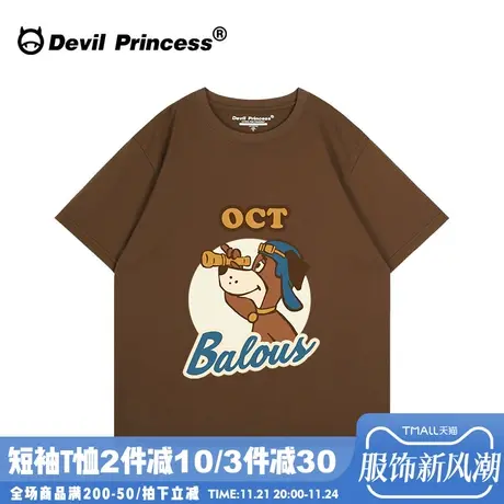 ulzzang小众古着感学院风卡通咖啡色短袖女t恤宽松正肩超火上衣夏商品大图