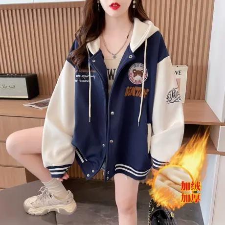 外套女2023新款秋冬季韩版宽松加绒加厚撞色小个子棒球服夹克开衫商品大图