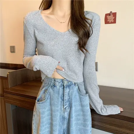 V领长袖t恤女春秋韩版修身显瘦百搭内搭打底衫短款高腰露脐上衣潮商品大图