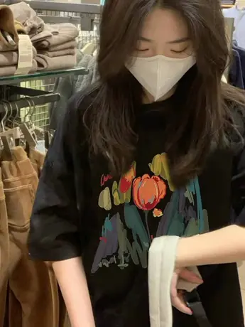 国潮黑色短袖夏季大码oversize设计感复古t恤女ins潮纯棉情侣上衣商品大图