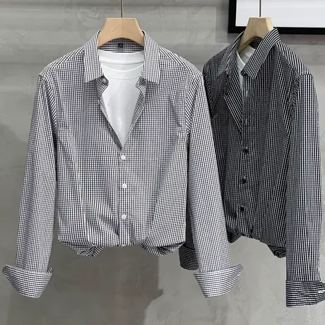 细格子衬衫男长袖修身2023春季新款潮流男装上衣商务男士休闲衬衣商品大图