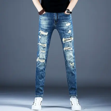 男士新款破洞牛仔裤男款小脚修身补丁乞丐潮流裤子男美式高街男裤商品大图
