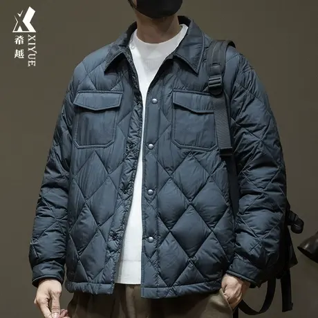 希越新国标90%鸭绒衬衫羽绒服男空气棉菱格秋冬宽松大码口袋外套商品大图
