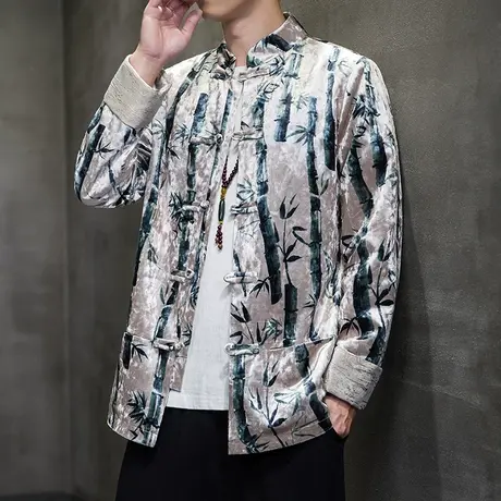 2023秋季外套中国风男装丽丝绒复古中式唐装盘扣夹克个性花色衣服图片