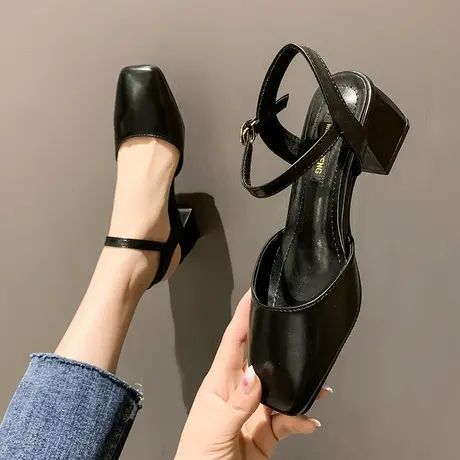 包头凉鞋女ins潮2024年夏季新款仙女风中跟粗跟单鞋一字带高跟鞋图片