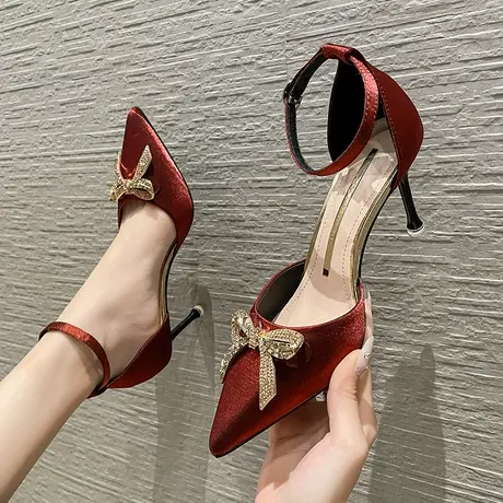一字带蝴蝶结水钻单鞋女细跟2024年夏季新款性感尖头仙女风高跟鞋商品大图