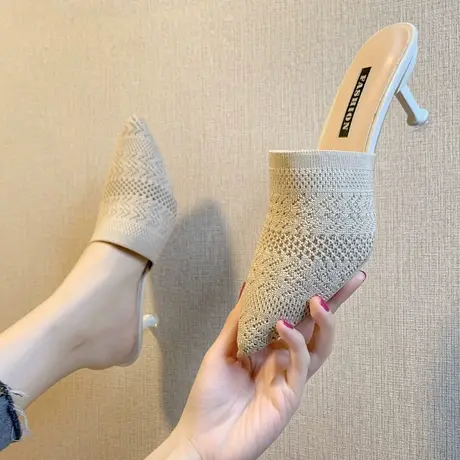 2023春季新款高跟细跟尖头包头女拖鞋外穿女凉拖透气针织懒人半拖商品大图