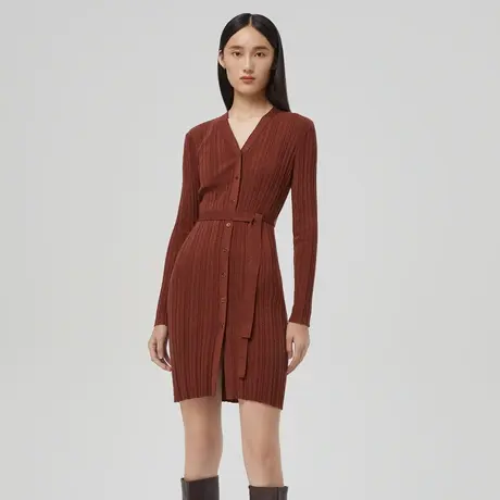 LANCY/朗姿羊毛针织开衫秋季新款长袖中长款女通勤毛衣外套奥莱图片