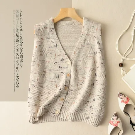 针织马夹印花纯棉背心上衣春秋外搭胖猫图案马甲复古2022秋季新款商品大图