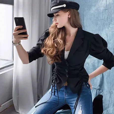 【直播】时尚创意抽褶西装女设计感立体袖黑色外套秋图片