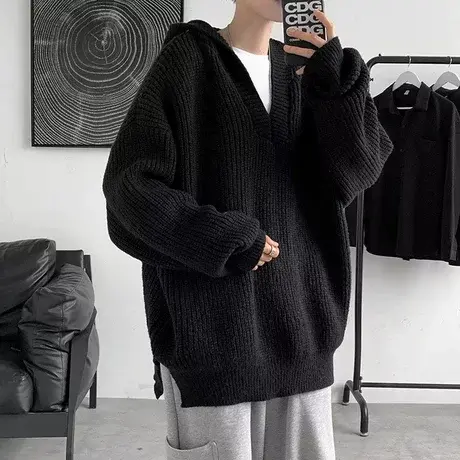 连帽毛衣男士秋冬季日系慵懒外套复古长袖保暖针织羊毛衫2023新款商品大图