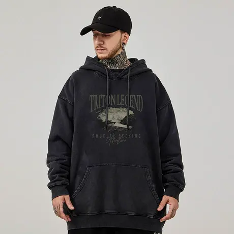 重磅美式复古嘻哈大码卫衣男连帽纯棉水洗做旧高街外套加绒秋冬款图片