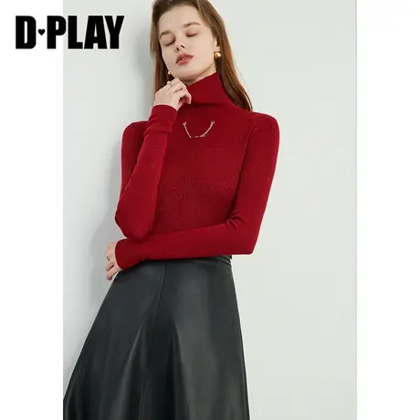 DPLAY春复古风羊毛红色修身高领金属挂链内搭百搭针织打底衫商品大图