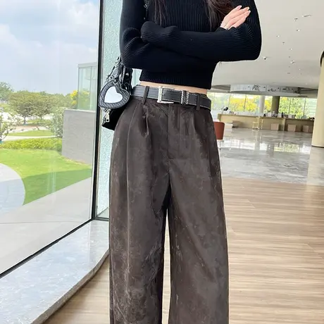 断码清仓不退不换棕色pu皮绒面阔腿裤女高腰垂感直筒休闲拖地皮裤商品大图