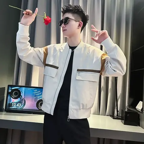 潮牌棒球领夹克痞帅百搭男装机车撞色2023新款拼接褂子春秋季外套商品大图