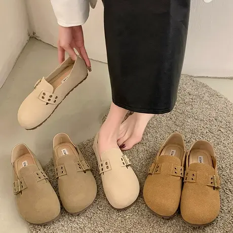 勃肯鞋平底小众乐福单鞋子女2024年新款春季绒面大头豆豆春款鞋商品大图