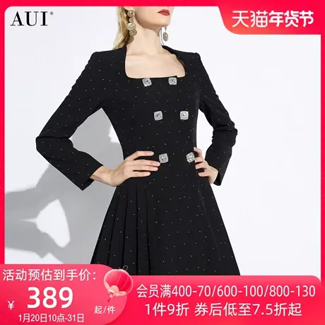 AUI黑色赫本风方领西装连衣裙女2024早春新款高端收腰百褶西服裙图片