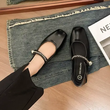 单鞋女新款2024年春夏季平底鞋子法式复古方头玛丽珍鞋女鞋小皮鞋商品大图