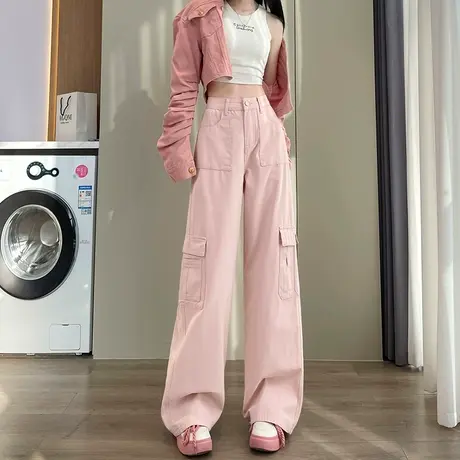 粉色美式工装裤女2024春秋新款加绒高腰宽松显瘦辣妹直筒阔腿裤子商品大图