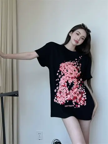 美式今年流行重工小熊刺绣T恤女夏韩版宽松中长款ins潮牌大码短袖商品大图