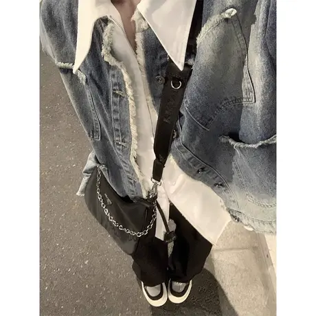 毛边设计感牛仔外套女春秋2023新款美式复古港风chic夹克上衣潮牌图片